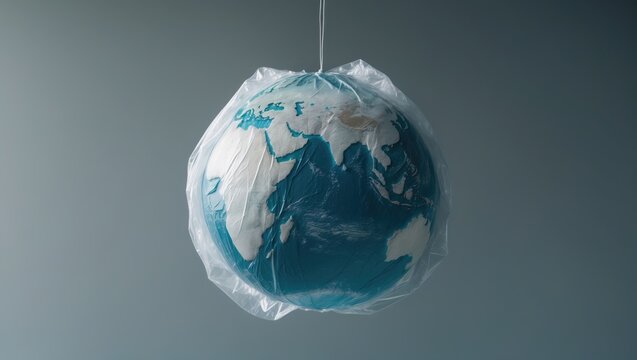 A globe covered in plastic wrap against a gray background. Concept of planet pollution with plastic cellophane polyethylene.