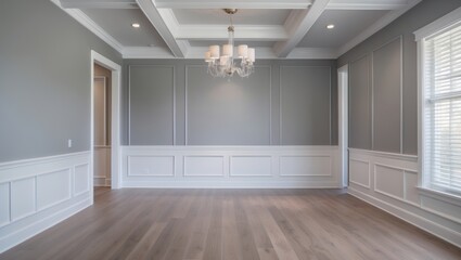 Custom Gray Master Bedroom with Complete Wainscoting Wall, Fresh Paint, Crown and Base Molding, Hardwood Floors, and Coffered Ceiling