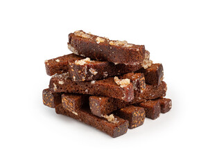 Bread croutons with garlic, on a white background, isolated.