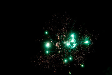  Vibrant green fireworks explosion against night sky, festive celebration backdrop with sparkling light burst