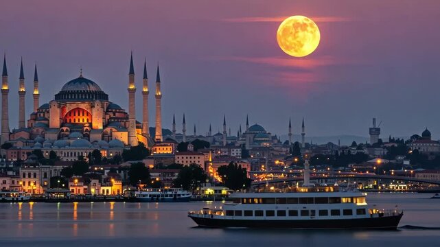 Cityscape view of istanbul with hagia sophia and a full moon at dusk with water reflections visible