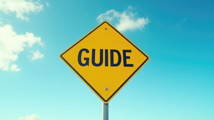 Naklejka premium Yellow transportation sign featuring the word guide against a blue sky background.