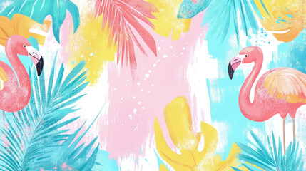 Obraz premium Summer vibes: Flamingo with tropical leaves & abstract brush strokes, vibrant backdrop for print, promotion, card, poster & joyful season celebration