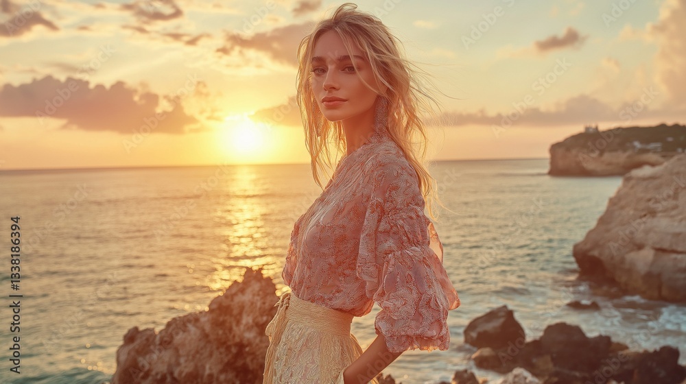 Poster at dusk, a woman stands on rocky terrain by the ocean, basking in the golden glow of the setting sun