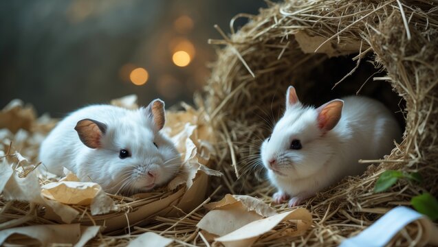 A white dwarf hamster resting in a nest made of paper and straw bedding.