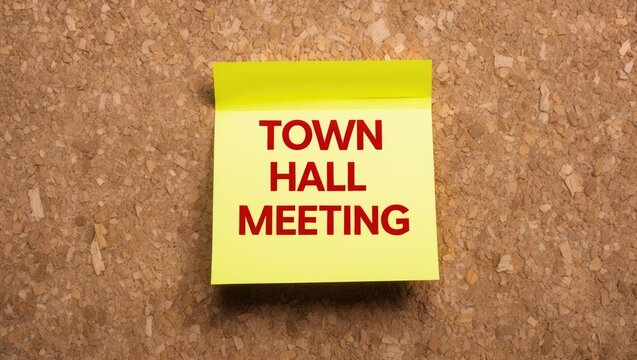 Yellow sticky note with the term meeting on a corkboard background featuring a space for additional text.