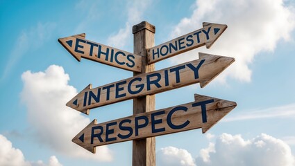 Wooden signpost displaying four arrows - ethics, honesty, integrity, respect.