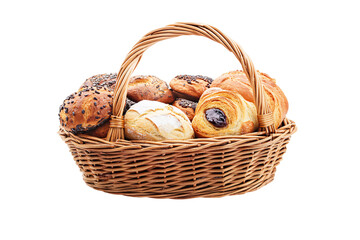 Assorted fresh bread in wicker basket isolated on transparent background.