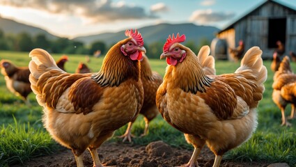Fototapeta premium This stunning image features free-range egg-laying chickens in a pasture and a coop. The photograph highlights the natural charm of these birds and their habitat.