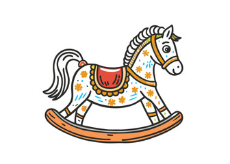 Antique Rocking Horse Drawing. Beautiful Vintage Toy Artwork. Retro Rocking Horse Engraving, Detailed Equestrian Toy Illustration