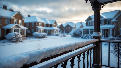 Snow-draped rooftops form a tranquil winter scene in a peaceful neighborhood on a cloudy day.