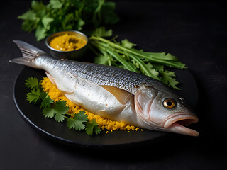 Obraz premium Raw uncooked Hilsa or terubok with mustard and green leaves on black board. A popular Bengali dish. National fish of Bangladesh. Padma ilish also famous in wast bangle. Tenualosa ilisha.