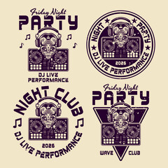 Creative DJ party set of vector emblems featuring an alien head in headphones and a DJ mixer controller. Perfect for nightclubs, music events, and electronic dance culture designs
