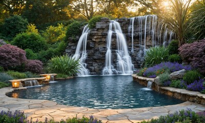 Obraz premium Scenic spring morning with a waterfall flowing through a colorful wildflower meadow – Breathtaking sunrise over a peaceful landscape