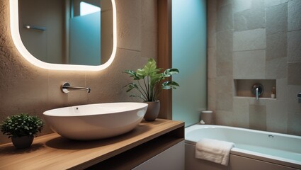 The bathroom showcases essential fixtures including a convenient sink, a mirror for self-assessments, and a cozy bathtub ideal for relaxation after a demanding day, aiding in unwinding and rejuvena...