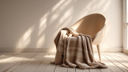 Wooden chair design with a textured throw blanket and empty space for text