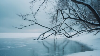 Snow-covered tree branches on frozen ground, highlighting the beauty of chilly winter days.