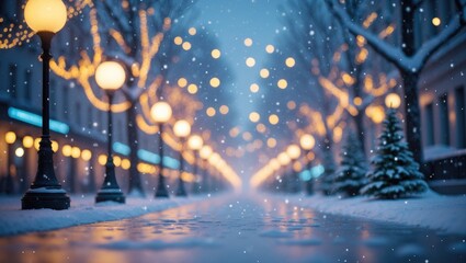 Obraz premium snowy city street adorned with glowing trees, blurred lights abstract backdrop