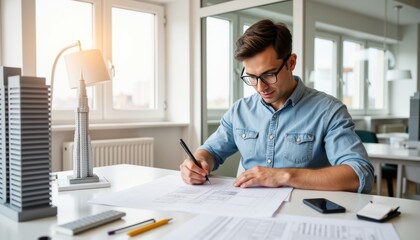 Fototapeta premium Focused young architect working on blueprints in modern office with copy space