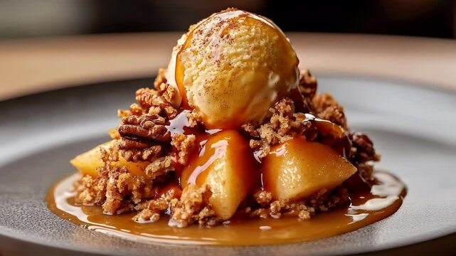 Warm apple crumble dessert with pecans and vanilla ice cream drizzled with caramel sauce