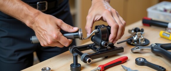 Close up Hands-on mechanical assembly with tools in workshop setting with copy space