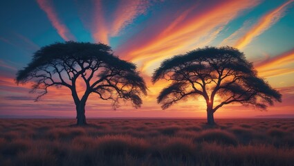 Naklejka premium Silhouette of acacia trees during sunset