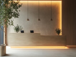 Modern interior design showcases a minimalist reception desk in a lobby