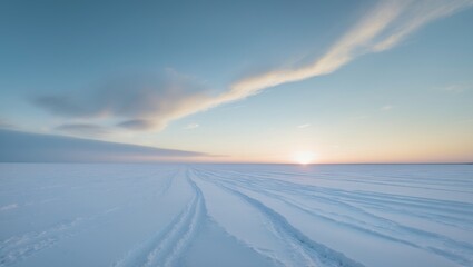 Panoramic perspective of the snow-covered field post-blizzard at sunset. Human tracks in fresh snow. Ice desert. Dramatic cloudscape. Global warming theme.