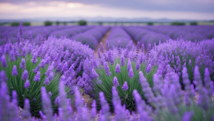 Obraz premium Vibrant lavender field in full bloom, displaying beautiful purple flowers beneath a gentle cloudy sky. The captured serene landscape is ideal for themes of nature, travel, and florals.