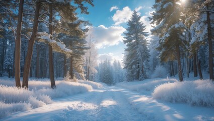 Snowy woodland on a clear, sunny day