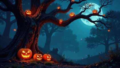 The branches of a haunted tree are lined with glowing carved pumpkins, warm lighting, eerie forest