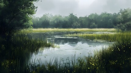 Fototapeta premium A grassland adjacent to a tranquil wetland, with subtle reflections of green in the nearby water and hints of reeds