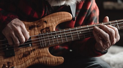 Obraz premium Close-up of elderly man playing an elegant electric bass guitar