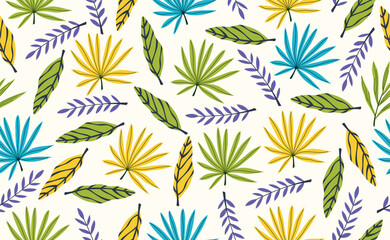 Tropical vector seamless pattern in flat style. Modern abstract botanical contemporary pattern exotic leaves, palm tree. Hawaii jungle eunique print. Fashionable template.