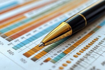 Financial Report Analysis: A Close-Up of a Gold-Trimmed Pen Resting on Detailed Charts and Graphs, Representing Business Strategy, Investment Planning, and Financial Data.