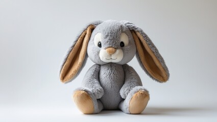 Soft fluffy rabbit toy with long ears, set against a white background.