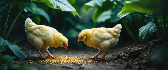 Small chickens forage and peck at grains on the ground beneath large green leaves.