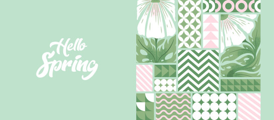 Hello Spring vector illustration with textured vintage flowers composition and abstract geometric shapes light green background. Modern design pattern template for poster print, banner, card