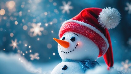 snowman wearing santa hat up close