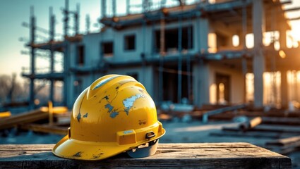 Yellow safety construction helmet placed on wooden table with a construction site in the background.