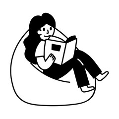 Girl reading a book on couch, hand drawn illustration 
