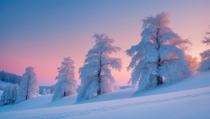 Snow-covered trees silhouetted against a twilight sky, their frosted shapes illuminated by the final rays of sunlight.