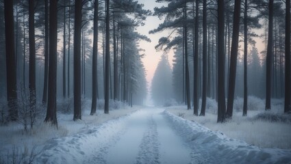 Fototapeta premium Snow-covered pathway flanked by tall pine trees in a winter forest scene.