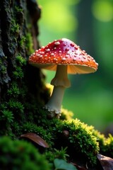 Fototapeta premium Weeping mushroom on tree trunk with single rain drop, verdant, leaf, tree