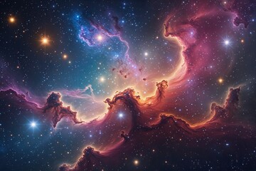 Naklejka premium Colorful Nebula Among Shining Stars and Cosmic Dust in the Vast Universe