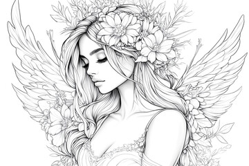 Fototapeta premium A woman with long hair and a flower crown on her head. The woman is wearing a dress and has a flower crown on her head