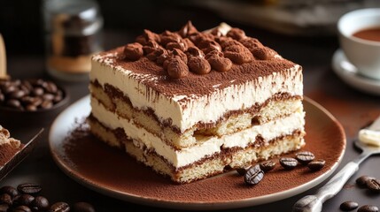 Decadent gourmet tiramisu cake showcasing rich layers of espresso and creamy mascarpone.