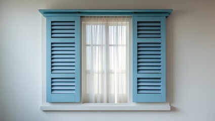 simple sliding window with light blue faux shutters