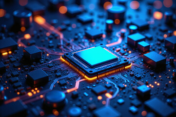 A detailed macro shot of a glowing microchip with blue and orange traces, showcasing advanced technology.