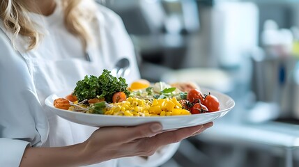 Close-up of blurred plate with healthy, nutritious hospital meal following prescribed diet for recovery